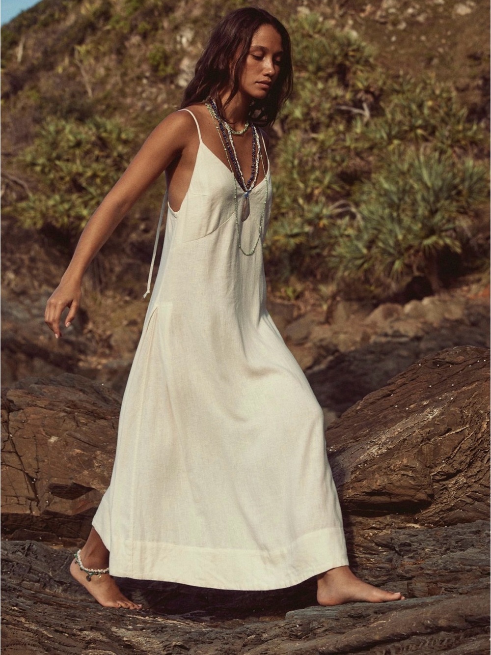 Free People Ivory Slip Maxi Dress with Tie Straps